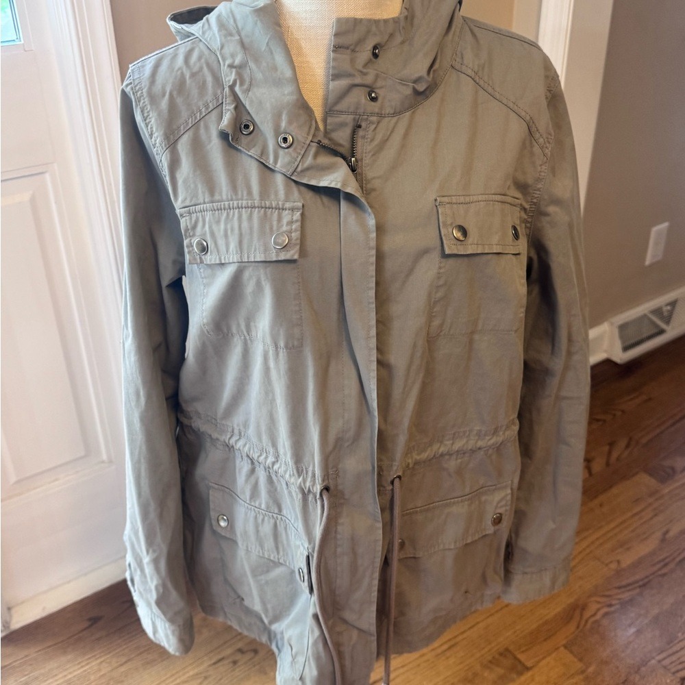 Women Utility Jacket Hooded Field Coat Sage Green Drawstring Waist Cargo Pockets